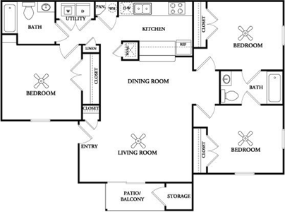 Three Bedroom / Two Bath - 1,204 Sq. Ft.*