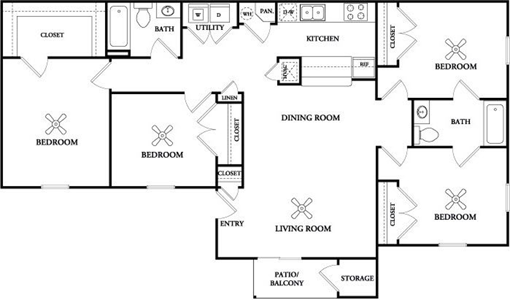 D1 - Four Bedroom / Two Bath - 1,521 Sq. Ft.*